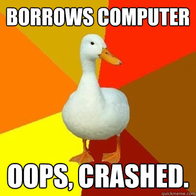 borrows computer oops, crashed.  Tech Impaired Duck