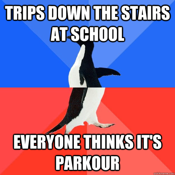 Trips down the stairs at school Everyone thinks it's parkour  Socially Awkward Awesome Penguin