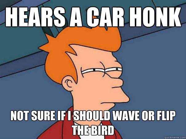 Hears a car honk not sure if I should wave or flip the bird  Futurama Fry