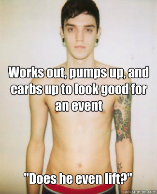 Works out, pumps up, and carbs up to look good for an event 