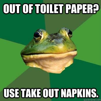 out of toilet paper? Use take out napkins.   Foul Bachelor Frog