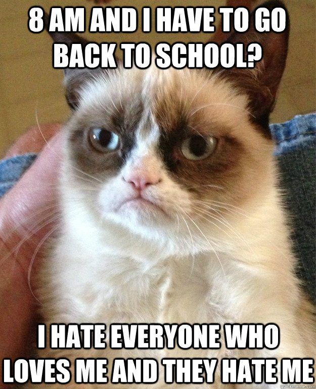 8 AM and I have to go back to school? I hate everyone who loves me and they hate me  Grumpy Cat