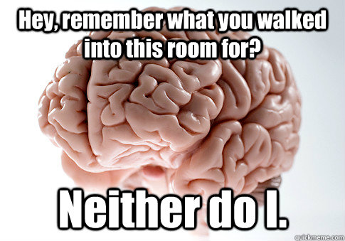 Hey, remember what you walked into this room for? Neither do I. - Hey, remember what you walked into this room for? Neither do I.  Scumbag Brain