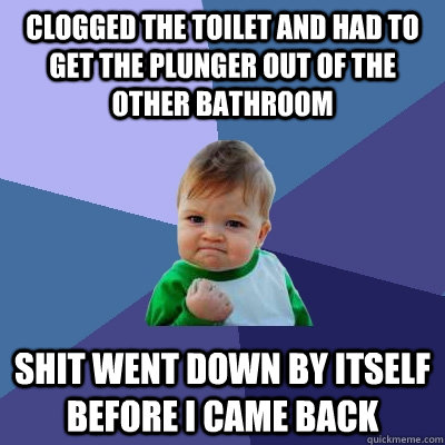 Clogged the toilet and had to get the plunger out of the other bathroom shit went down by itself before i came back  Success Kid