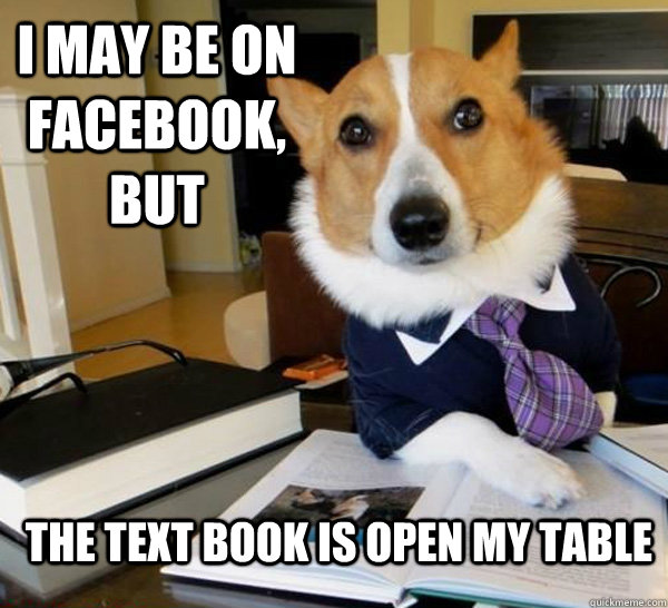 I may be on facebook, but The text book is open my table  Lawyer Dog