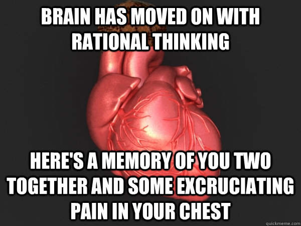 Brain has moved on with rational thinking Here's a memory of you two together and some excruciating pain in your chest  Scumbag Heart