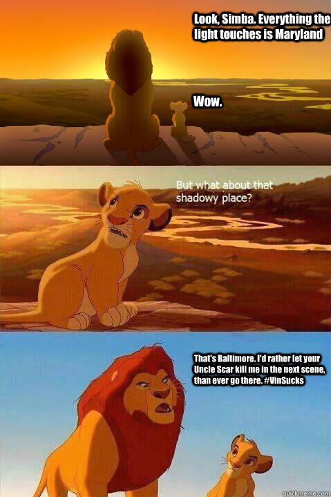 Look, Simba. Everything the light touches is Maryland Wow. That's Baltimore. I'd rather let your Uncle Scar kill me in the next scene, than ever go there. #VinSucks  Lion King Shadowy Place