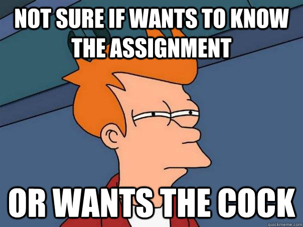 Not sure if wants to know the assignment or wants the cock  Futurama Fry