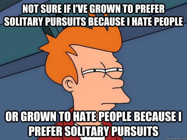 Not sure if I've grown to prefer solitary pursuits because I hate people Or grown to hate people because I prefer solitary pursuits  Futurama Fry