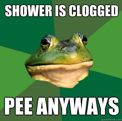 Shower is clogged Pee anyways  Foul Bachelor Frog