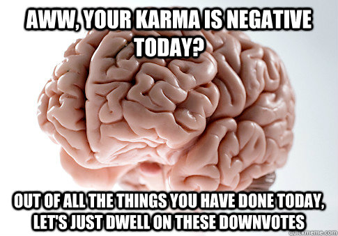 Aww, your karma is negative today? Out of all the things you have done today, let's just dwell on these downvotes - Aww, your karma is negative today? Out of all the things you have done today, let's just dwell on these downvotes  Scumbag Brain