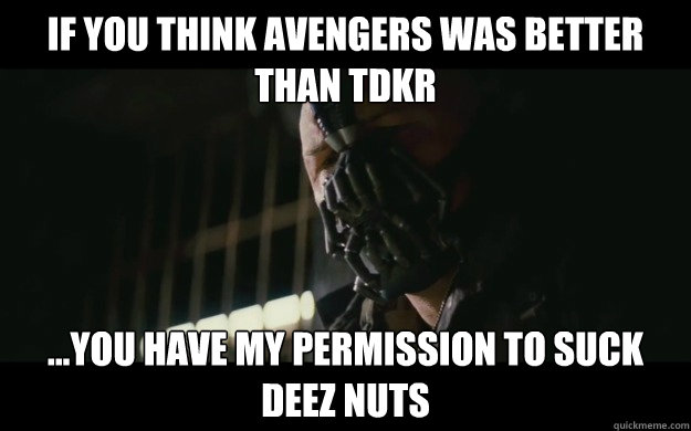 If you think Avengers was Better than TDKR ...you have my permission to suck deez nuts  Badass Bane