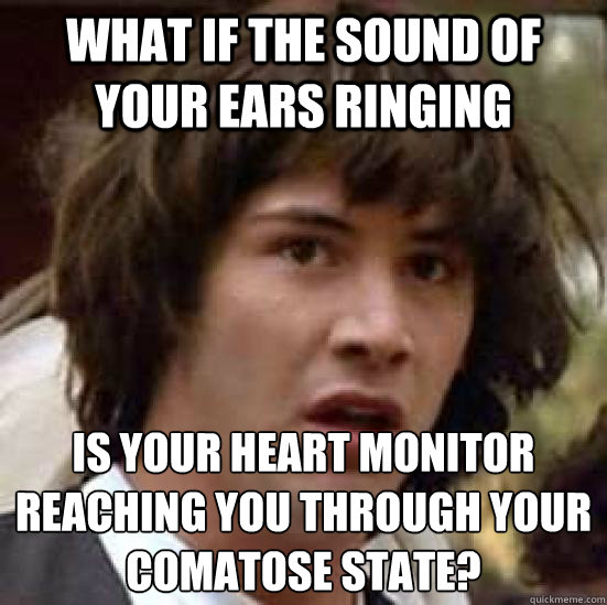 what if the sound of your ears ringing is your heart monitor reaching you through your comatose state?  conspiracy keanu