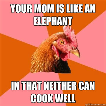 your mom is like an elephant in that neither can cook well  Anti-Joke Chicken