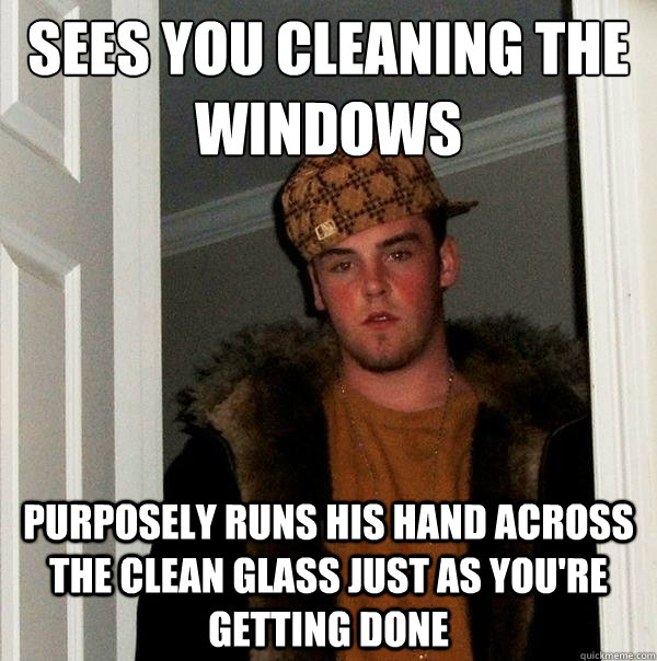 sees you cleaning the windows purposely runs his hand across the clean glass just as you're getting done  Scumbag Steve