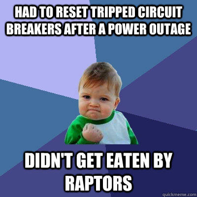 Had to reset tripped circuit breakers after a power outage Didn't get eaten by raptors  