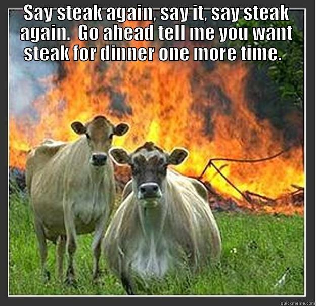 Eat chicken. - SAY STEAK AGAIN, SAY IT, SAY STEAK AGAIN.  GO AHEAD TELL ME YOU WANT STEAK FOR DINNER ONE MORE TIME.    Evil cows