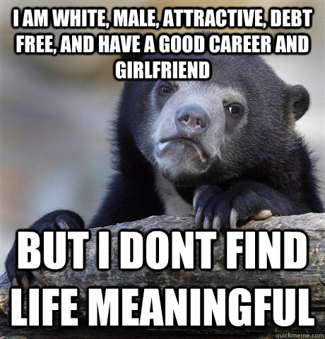 I am white, male, attractive, debt free, and have a good career and girlfriend But i dont find life meaningful  Confession Bear