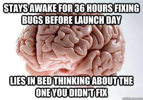 stays awake for 36 hours fixing bugs before launch day lies in bed thinking about the one you didn't fix  Scumbag Brain