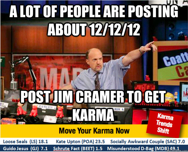 A lot of people are posting about 12/12/12 post jim cramer to get karma  Jim Kramer with updated ticker