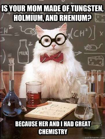 Is your mom made of Tungsten, Holmium, and Rhenium? Because her and I had great chemistry  Chemistry Cat