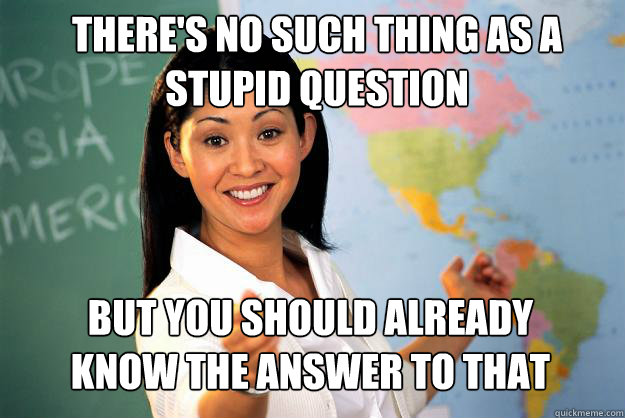 There's no such thing as a stupid question But you should already know the answer to that   Unhelpful High School Teacher