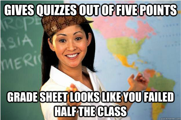 Gives quizzes out of five points Grade sheet looks like you failed half the class  Scumbag Teacher