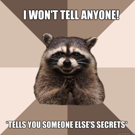 I won't tell anyone! *tells you someone else's secrets*  Evil Plotting Raccoon