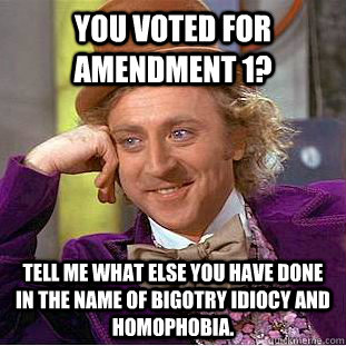 you voted for amendment 1? Tell me what else you have done in the name of bigotry idiocy and homophobia.  Condescending Wonka