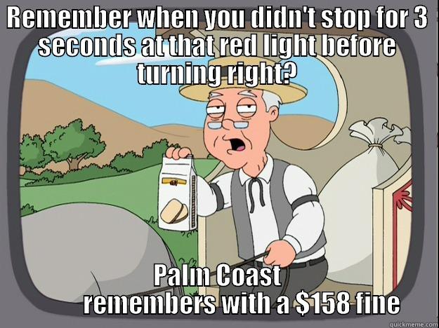 REMEMBER WHEN YOU DIDN'T STOP FOR 3 SECONDS AT THAT RED LIGHT BEFORE TURNING RIGHT? PALM COAST           REMEMBERS WITH A $158 FINE Pepperidge Farm Remembers