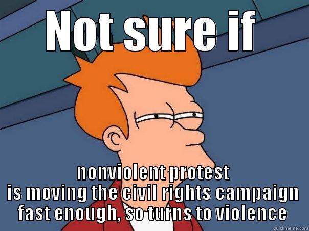 NOT SURE IF NONVIOLENT PROTEST IS MOVING THE CIVIL RIGHTS CAMPAIGN FAST ENOUGH, SO TURNS TO VIOLENCE Futurama Fry