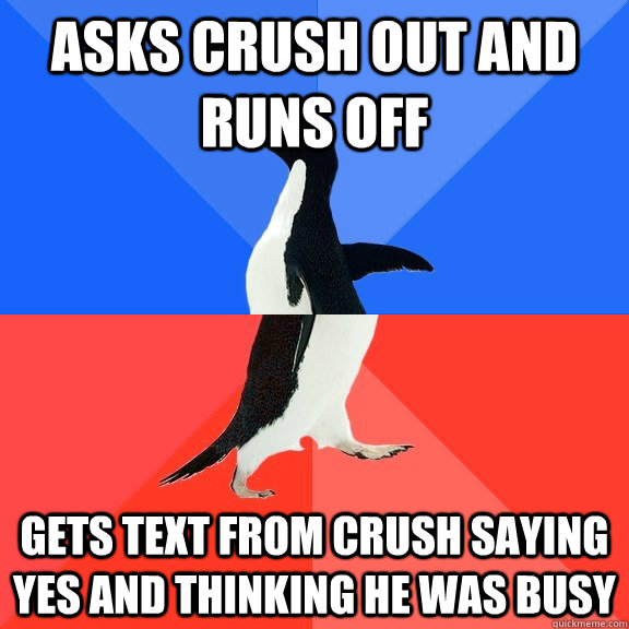 Asks crush out and runs off Gets text from crush saying yes and thinking he was busy  Socially Awkward Awesome Penguin