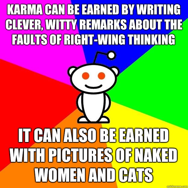 Karma can be earned by writing clever, witty remarks about the faults of right-wing thinking It can also be earned with pictures of naked women and cats  Reddit Alien