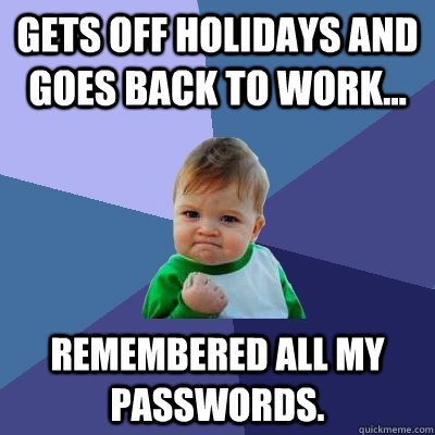 gets off holidays and goes back to work... Remembered all my passwords. - gets off holidays and goes back to work... Remembered all my passwords.  Success Kid