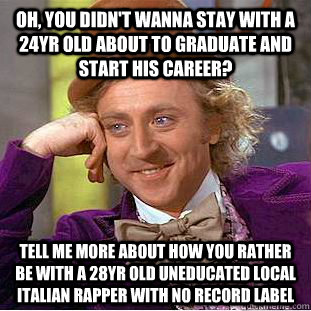 Oh, you didn't wanna stay with a 24yr old about to graduate and start his career? Tell me more about how you rather be with a 28yr old uneducated local Italian rapper with no record label - Oh, you didn't wanna stay with a 24yr old about to graduate and start his career? Tell me more about how you rather be with a 28yr old uneducated local Italian rapper with no record label  Condescending Wonka