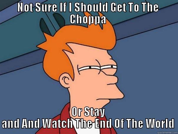 NOT SURE IF I SHOULD GET TO THE CHOPPA OR STAY AND AND WATCH THE END OF THE WORLD Futurama Fry