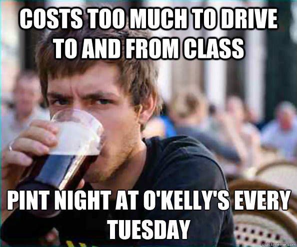 costs too much to drive to and from class Pint Night at O'Kelly's every tuesday  Lazy College Senior