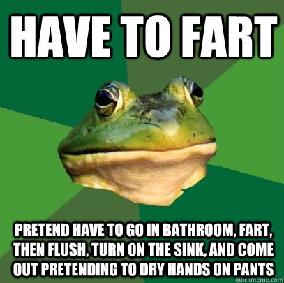 Have to fart Pretend have to go in bathroom, fart, then flush, turn on the sink, and come out pretending to dry hands on pants - Have to fart Pretend have to go in bathroom, fart, then flush, turn on the sink, and come out pretending to dry hands on pants  Foul Bachelor Frog