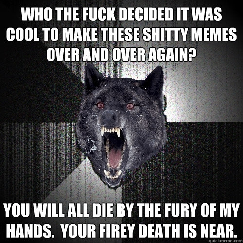 who the fuck decided it was cool to make these shitty memes over and over again? you will all die by the fury of my hands.  your firey death is near.  Insanity Wolf