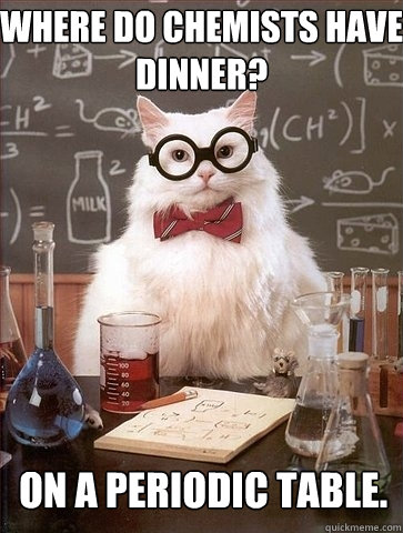 WHERE DO CHEMISTS HAVE DINNER? ON A PERIODIC TABLE.  Chemistry Cat