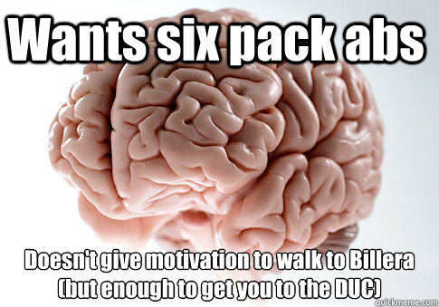 Wants six pack abs Doesn't give motivation to walk to Billera (but enough to get you to the DUC)   Scumbag Brain