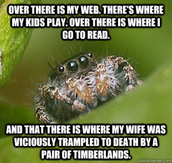 Over there is my web. There's where my kids play. Over there is where I go to read. And that there is where my wife was viciously trampled to death by a pair of Timberlands. - Over there is my web. There's where my kids play. Over there is where I go to read. And that there is where my wife was viciously trampled to death by a pair of Timberlands.  Misunderstood Spider