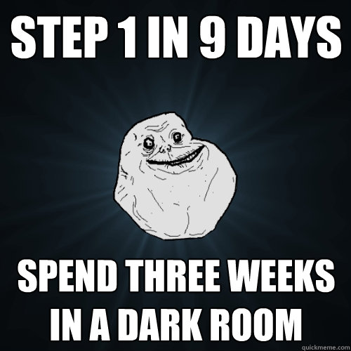 Step 1 in 9 days Spend three weeks in a dark room   Forever Alone