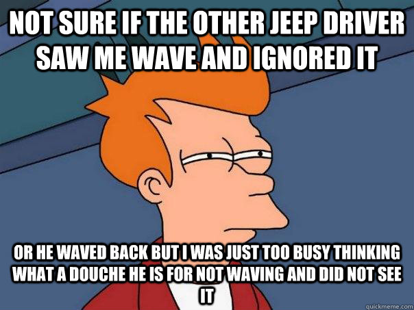 Not sure if the other jeep driver saw me wave and ignored it or he waved back but I was just too busy thinking what a douche he is for not waving and did not see it - Not sure if the other jeep driver saw me wave and ignored it or he waved back but I was just too busy thinking what a douche he is for not waving and did not see it  Futurama Fry