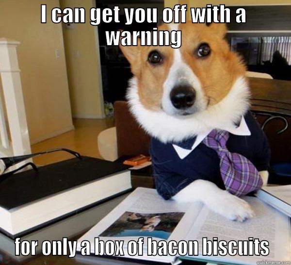 I CAN GET YOU OFF WITH A WARNING FOR ONLY A BOX OF BACON BISCUITS  Lawyer Dog