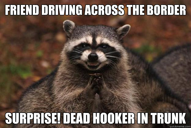 Friend driving across the border surprise! dead hooker in trunk  Evil Plotting Raccoon