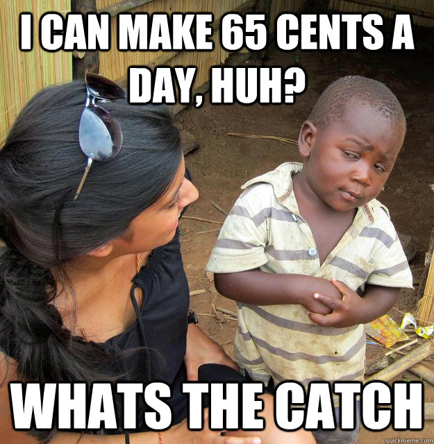 i can make 65 cents a day, huh? whats the catch - i can make 65 cents a day, huh? whats the catch  Skeptical Third World Kid