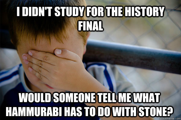 I didn't study for the History Final Would someone tell me what Hammurabi has to do with stone?  Confession kid