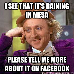 i see that it's raining in mesa please tell me more about it on facebook - i see that it's raining in mesa please tell me more about it on facebook  Condescending Wonka