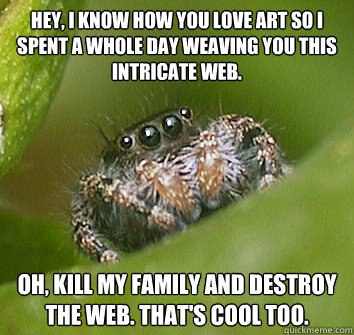 Hey, I know how you love art so I spent a whole day weaving you this intricate web. Oh, kill my family and destroy the web. That's cool too.   Misunderstood Spider